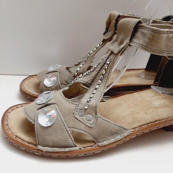 RIEKER \ Studded Gem Low Heel Open Toe Sandal Ankle Strap Taupe Gray Eur 37 US 6 - Picture 8 of 15